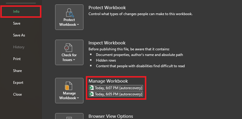 Click manage workbook