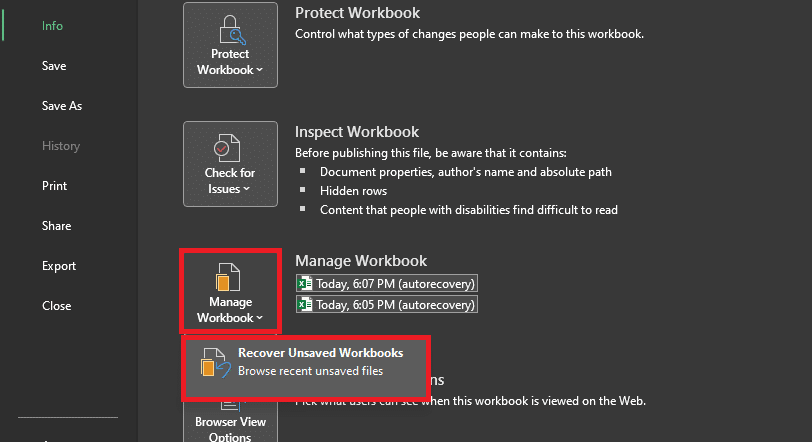 Click recover saved workbooks to get Excel Version History