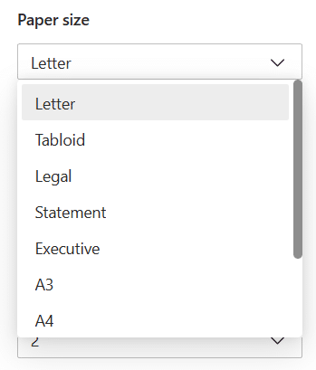 Paper size dropdown list in Google Slides Print window