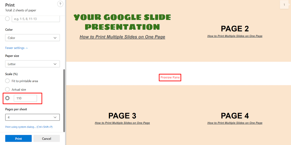 Where to input custom scale setting in Print window