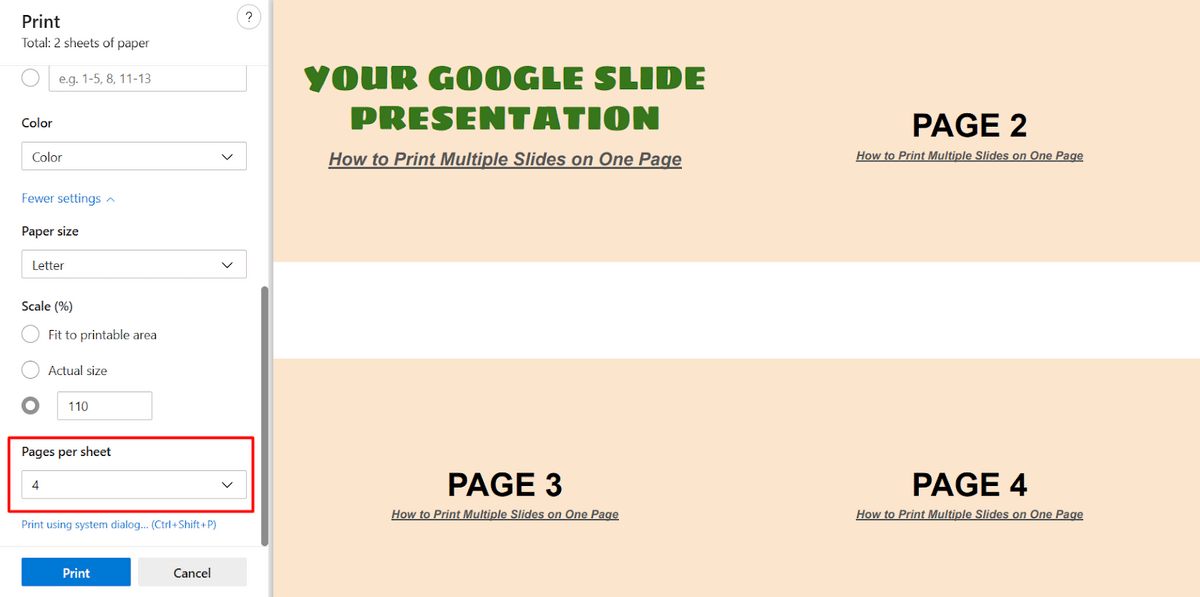 How to set pages per sheet in Slides Print window