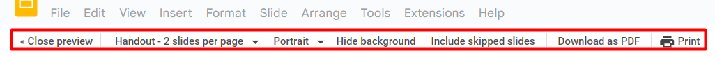 Print Preview toolbar under the Google Slides menu bar