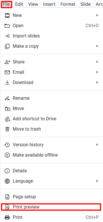 Where to find the print preview option in Google Slides