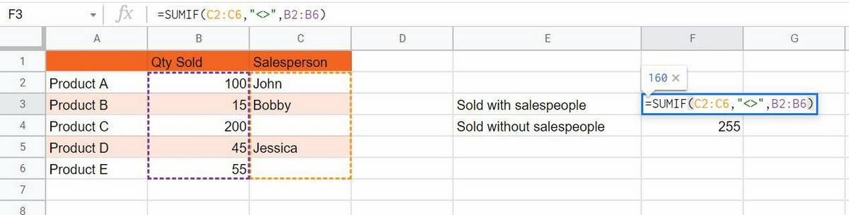 A screenshot showing how to use sumif to calculate based on non-blank cells