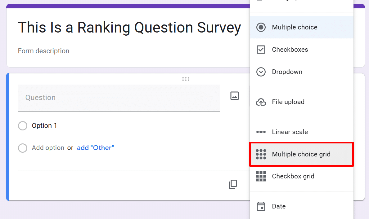 Where to find "Multiple choice grid" option in Google Forms