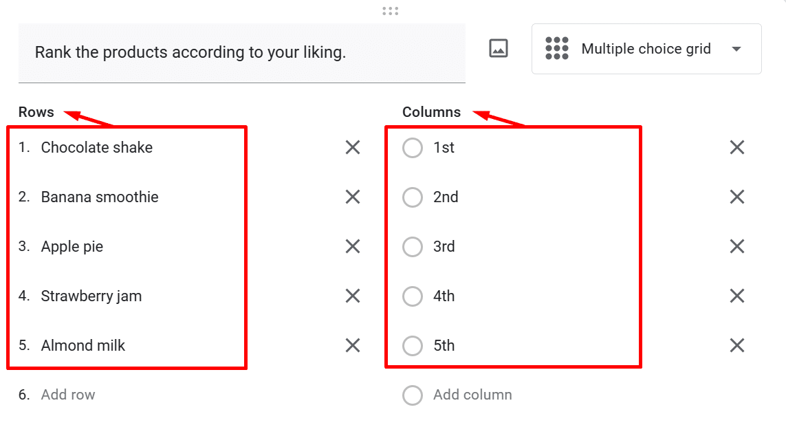 Entering values under Rows and Columns in Google Forms