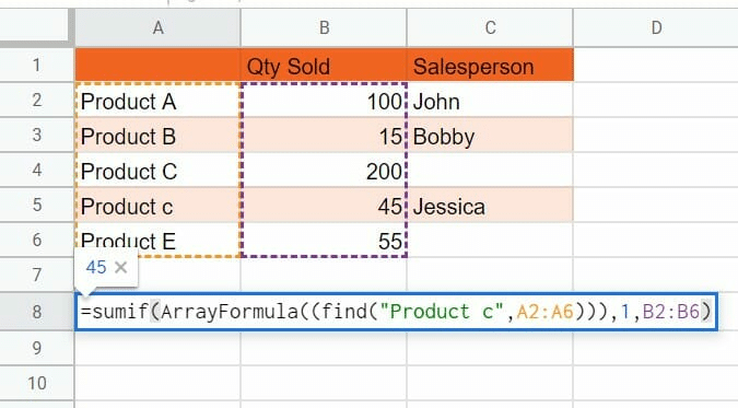 Using the ARRAYFORMULA to make a case sensitive SUMIF calculation