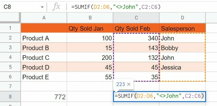 Using the not equal to operator in the SUMIF function