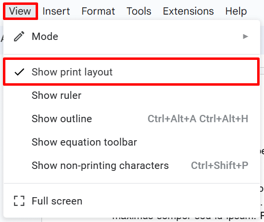 How to start page numbers on page 3 Google Docs—where to find the 'Show print layout' option