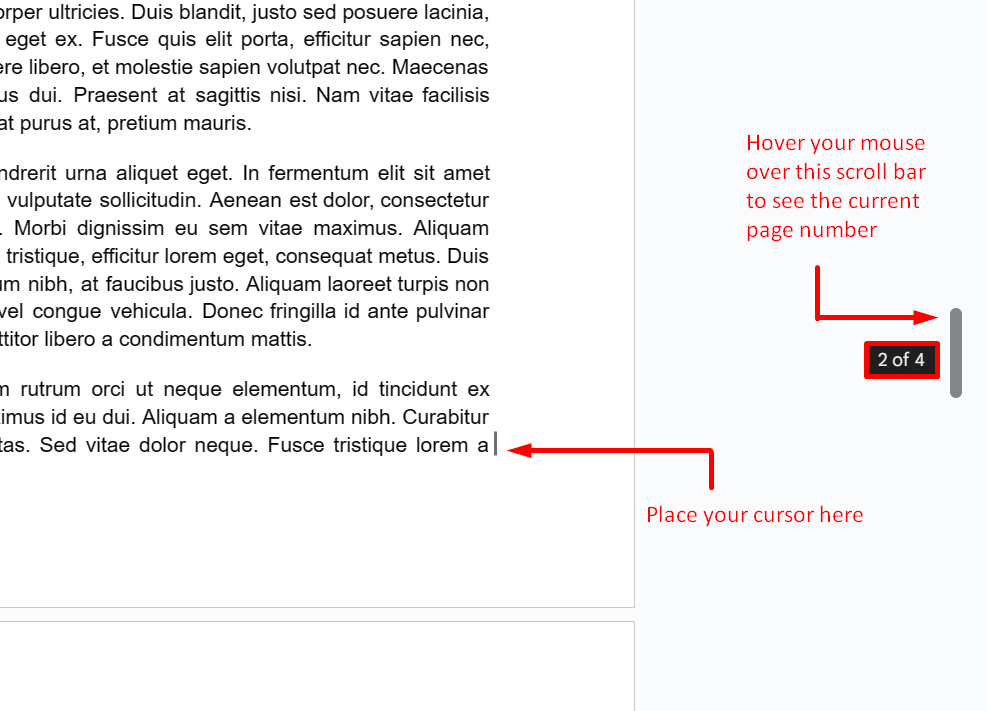 Hovering on the scroll bar to see current page number