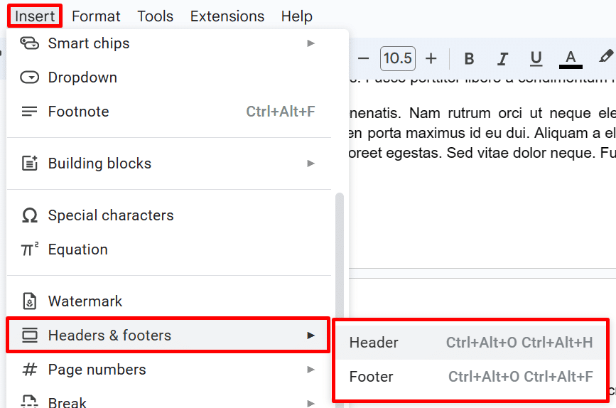 Where to find the header and footer options in Google Docs