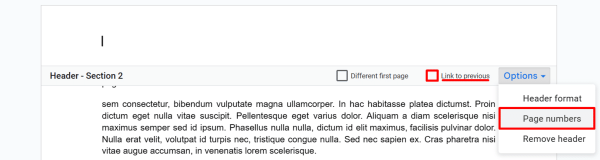 Where to find the page numbers option in header