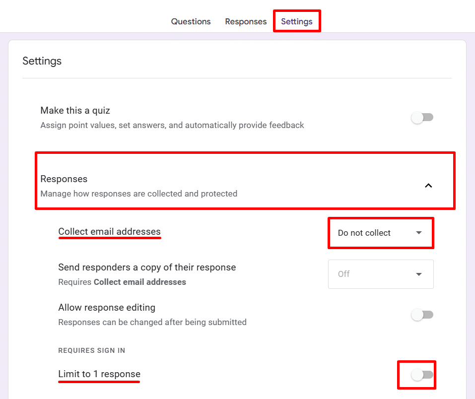 How to make a Google Form public—where to find "Collect email addresses" in Google Forms