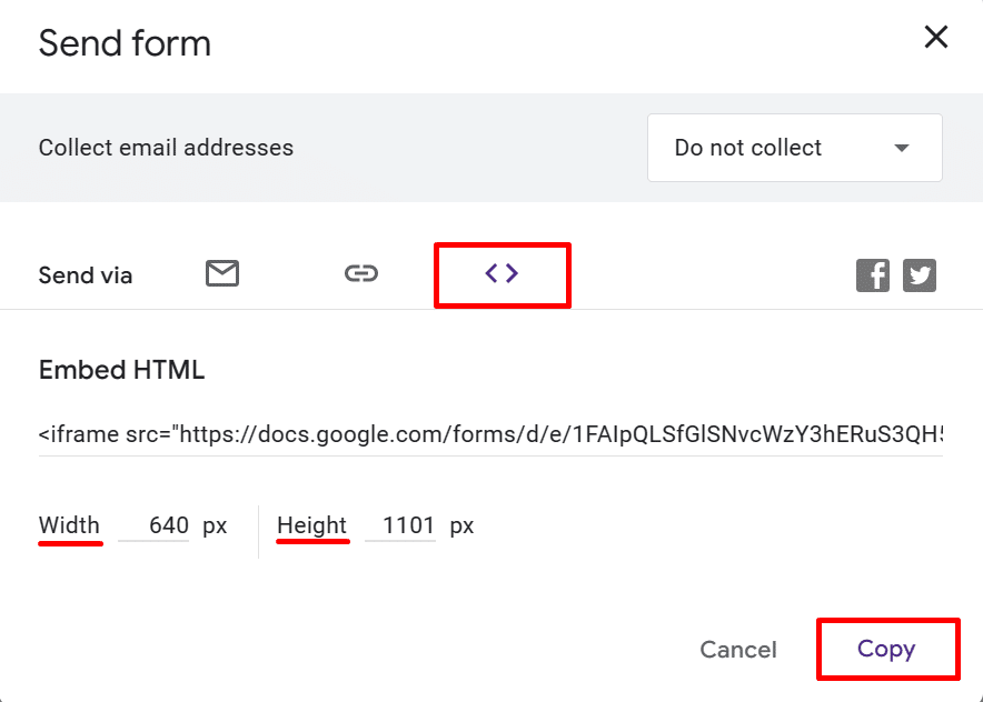 Copying an embed code from Google Form