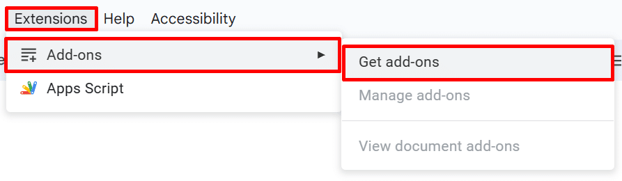 Google Doc code block—where to find the "Get add-on" feature in Google Docs