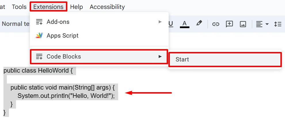 How to use Code Blocks add-on in Google Docs