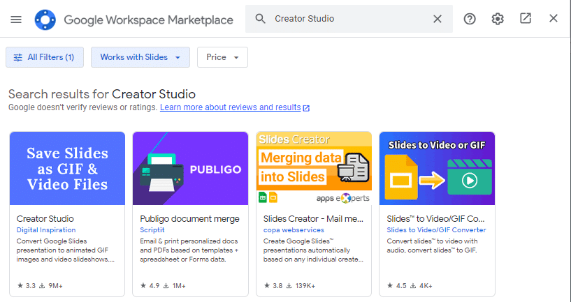 Type Creator Studio in the Google marketplace window to search.