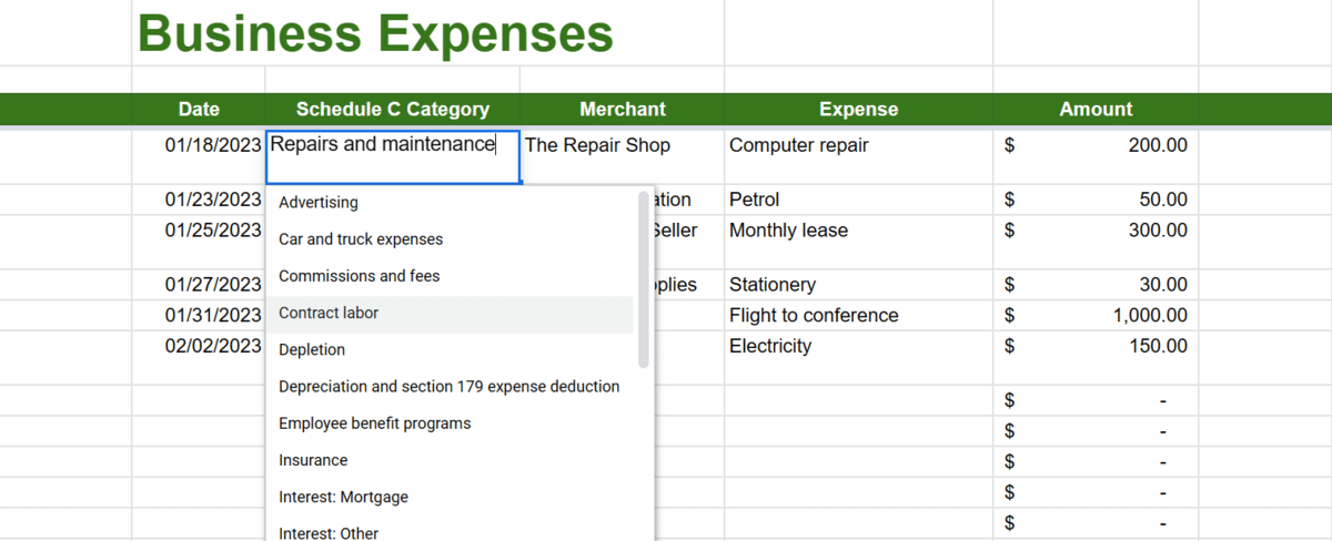 An Excel spreadsheet of an independent contractor showing their business expenses and a dropdown menu of items that fall into the repairs and maintenance category.