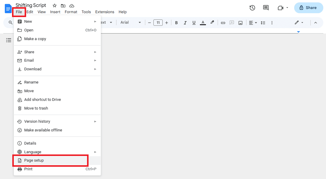Go to File > Page Setup