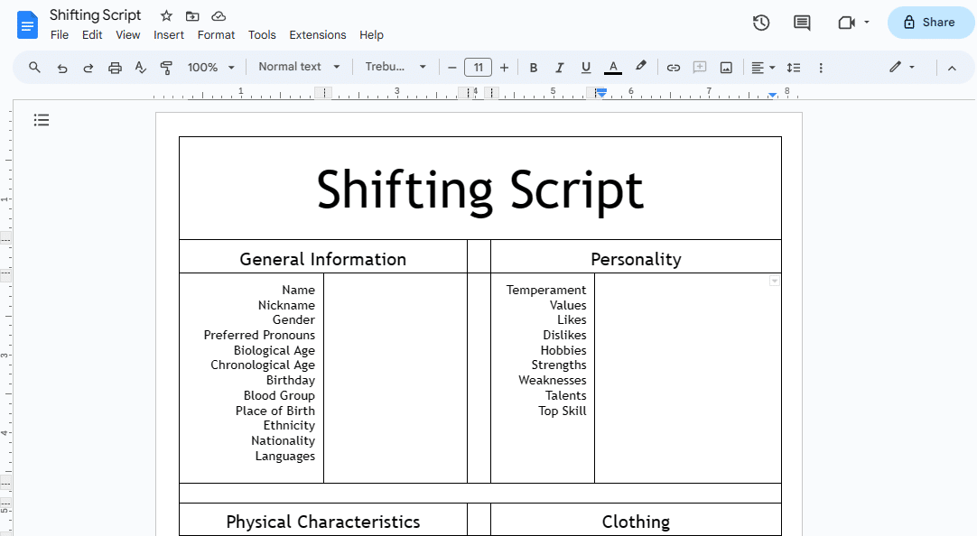 An almost finished shifting script template for Google Docs