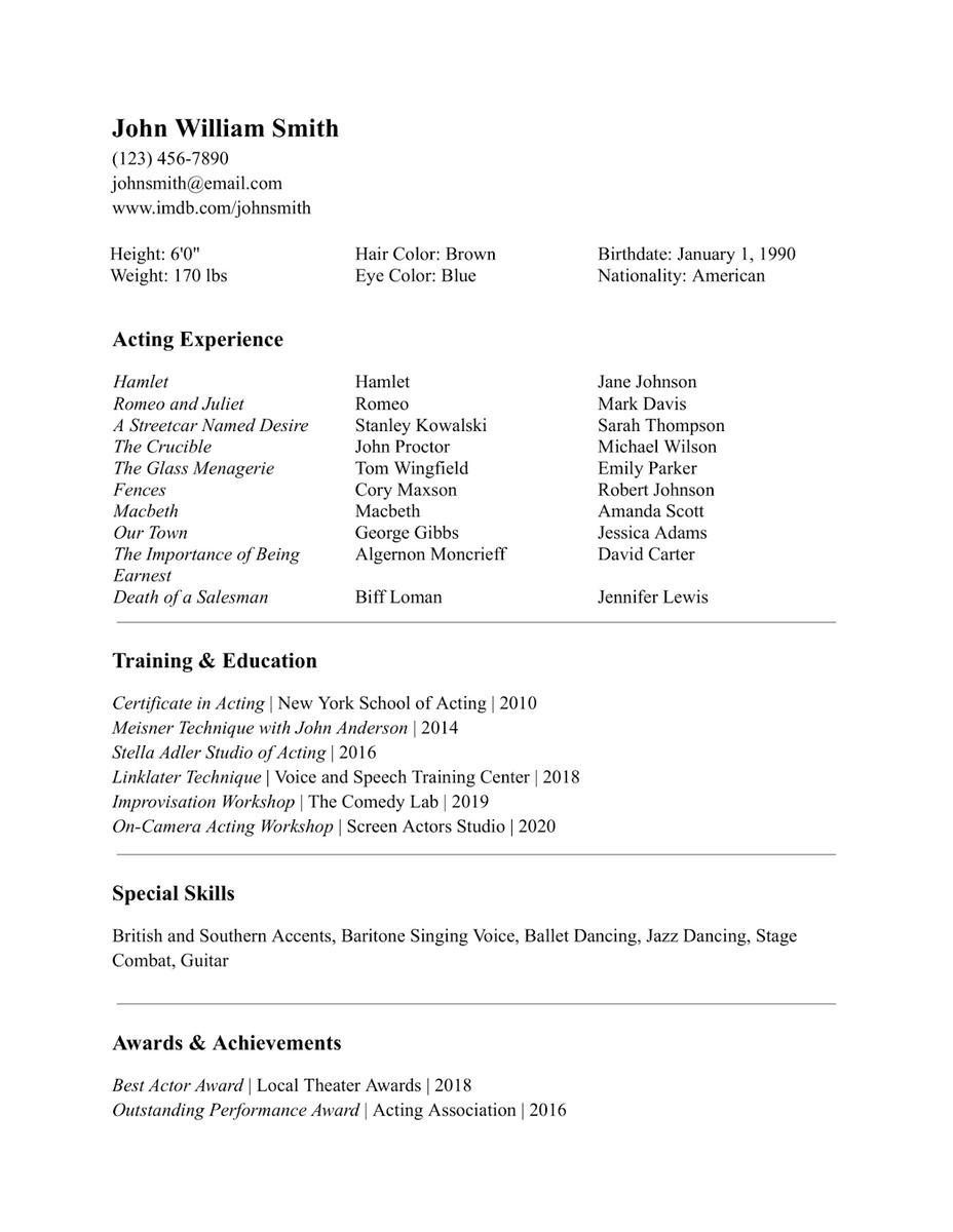 Acting resume template Google Docs—what a theater resume template looks like