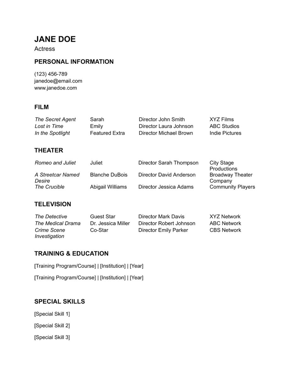 A sample acting resume template