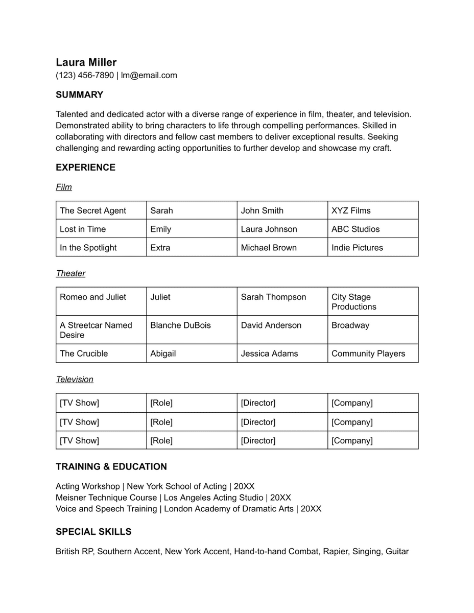 A Google Docs resume template with summary section