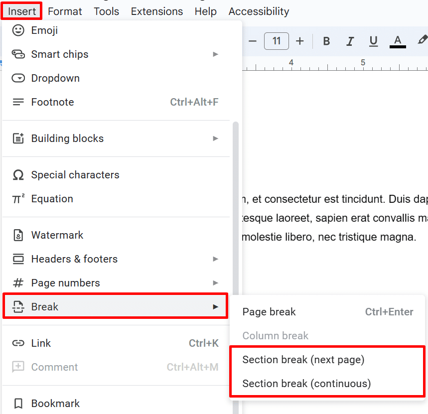 Where to find the section break options in Google Docs