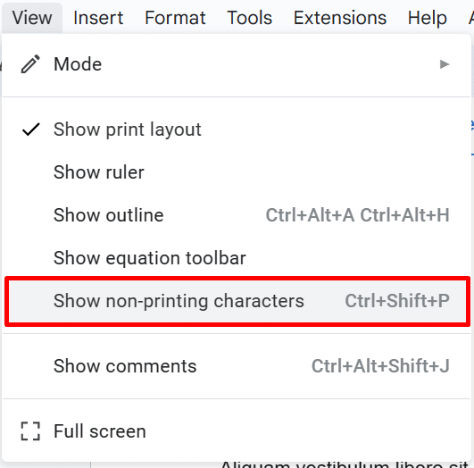 Displaying non-printing characters in Google Docs