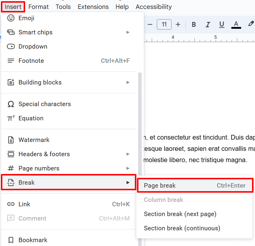 Page break in Google Docs—where to find "Page break" in Google Docs