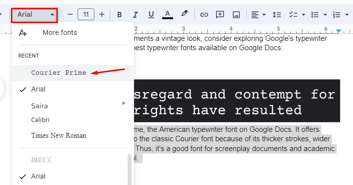 Using Courier Prime font in Google Docs