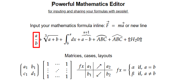 Where to find the fraction function in matcha.io's math editor