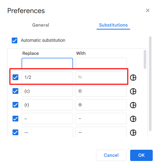 Where to insert new values for Substitution in the Preferences window