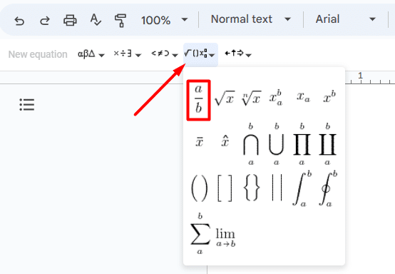 Where to find the fraction option in Google Docs when using Equations