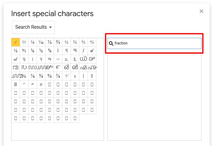 Using Special Characters' search function to find fractions