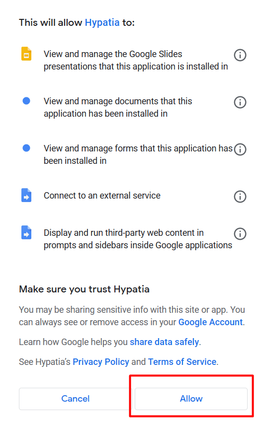 Hypatia add-on data sharing permissions