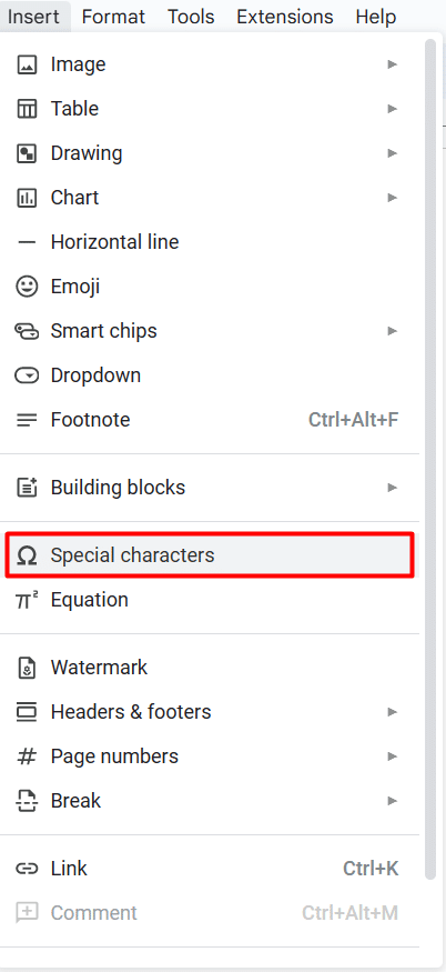 Where to find the Special Characters option in Google Docs