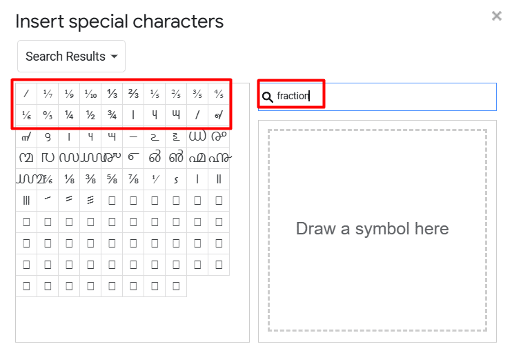 How to find fractions in the Special Characters window using the search box