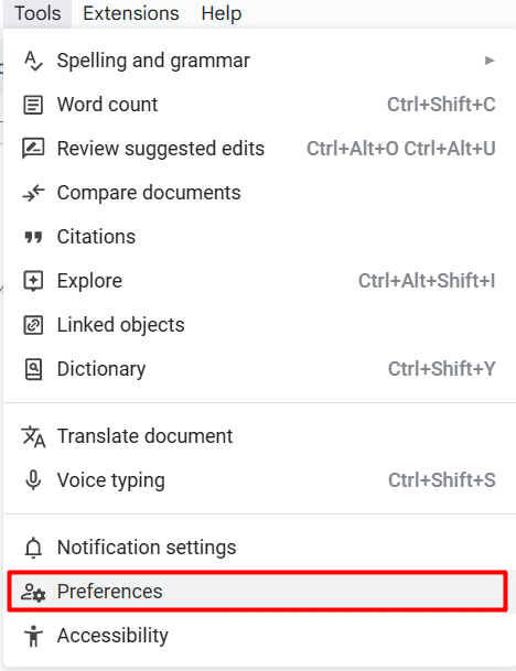 Where to find the Preferences settings in Google Docs