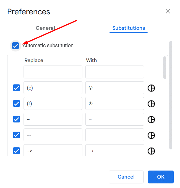 Where to find the Automatic Substitution option in the Preferences window in Google Docs