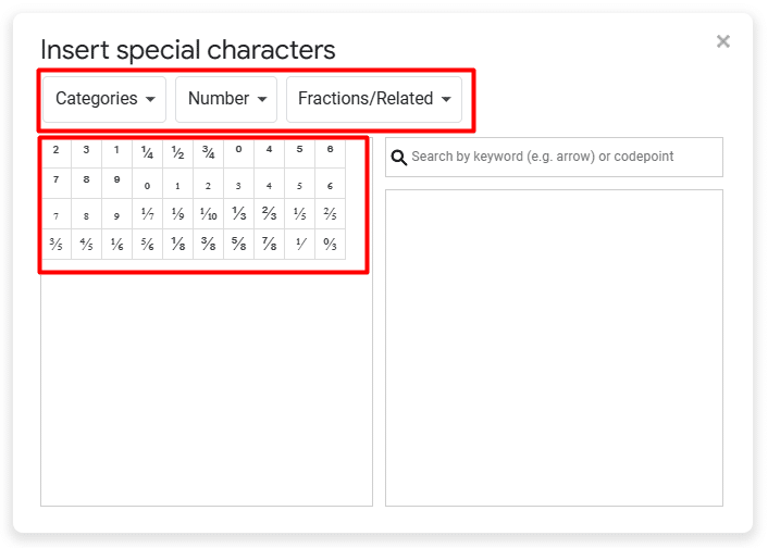 Using Special Characters filter options to find fractions