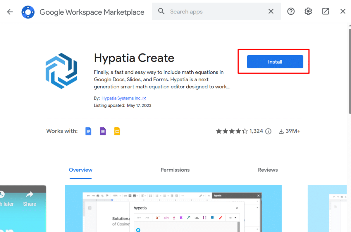 Download page of an add-on from Google Workplace Marketplace