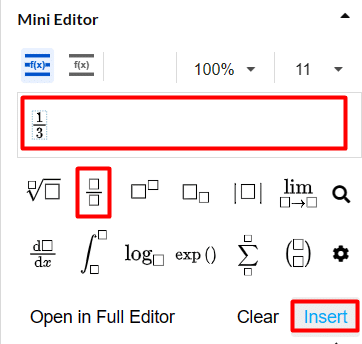 Hypatia Mini-Editor with fraction function