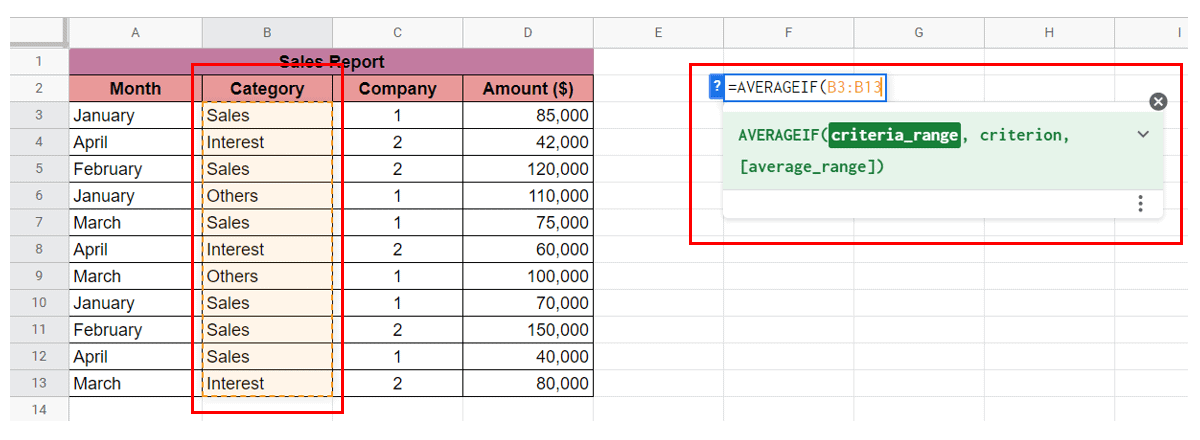 Highlight the data under “Category”