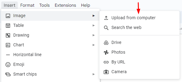 How to upload images from computer on Google Docs