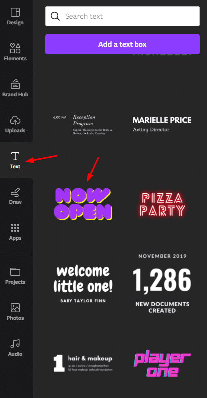 Text sidebar on Canva–How to add text to a Canva project