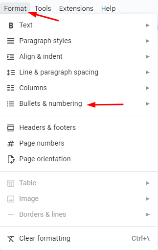 Where to find bullets & numbering section on Google Docs.