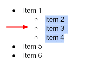 A list of 6 items, where the 2nd to 4th items are nested within the first item.