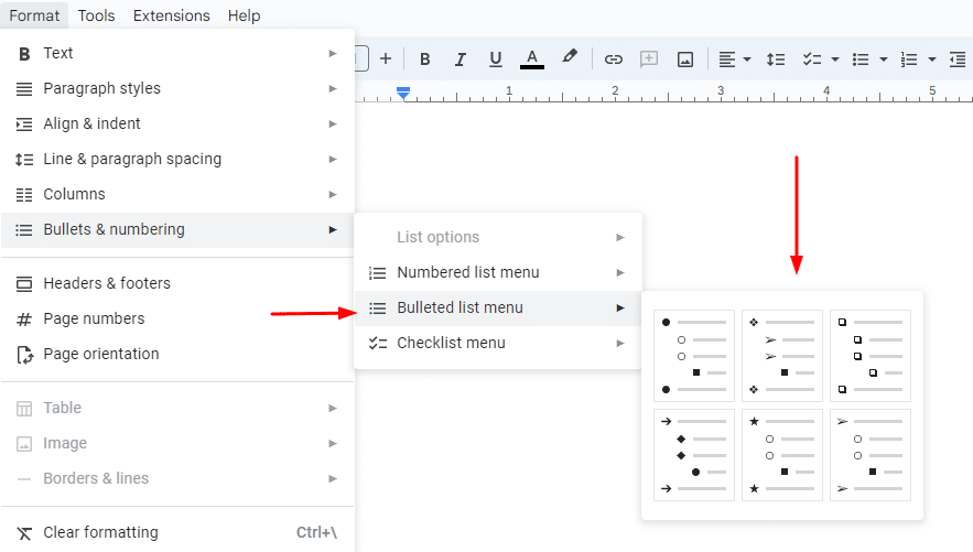 Where to find the bulleted list menu section in Google Docs