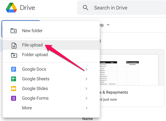 Where to find file upload in Google Drive